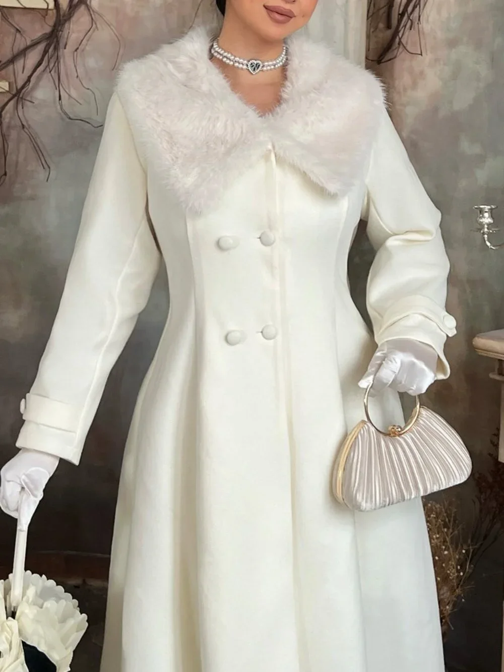 Apricot Elegant Women's Contrast Faux Fur Double Button Pocket Long Overcoat
